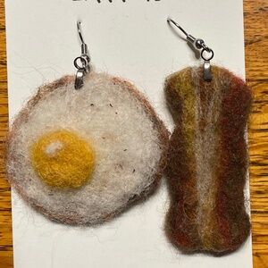 Egg & Bacon, needle-felted 100% wool earrings, Handcrafted